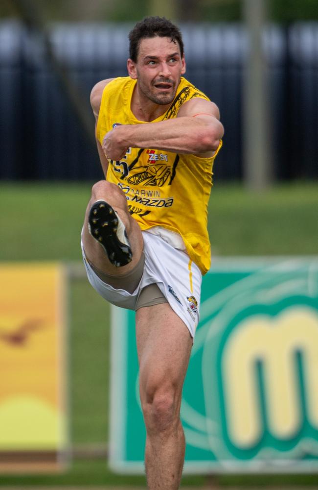 Nightcliff's John Butcher kicks a goal against St Mary's in Round 10 of the 2023-24 NTFL season. Picture: Pema Tamang Pakhrin