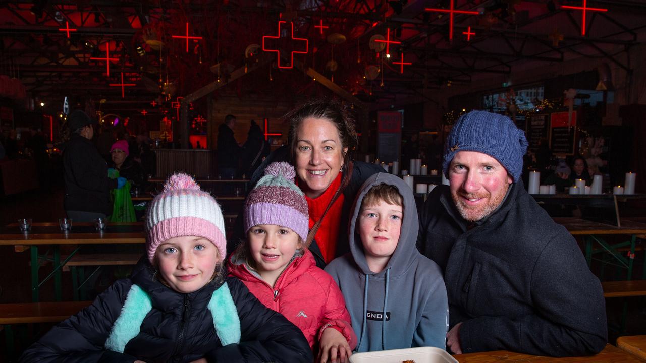 Hobart family Susan and Nathan Carins with their children Eleanor, 8, Maggie, 5, and Louis, 10 Dark Mofo Winter Feast. Picture: Linda Higginson