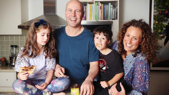 Treasurer, Josh Frydenberg at home with his vegemite kids family. L-R Gemma 7, Josh, Blake 5 and Amie. Picture Rebecca Michael.