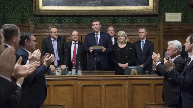 Sir Graham Brady, chairman of the 1922 Committee, announces that Theresa May has survivedthe leadership ballot. Picture: AP.