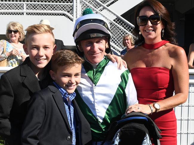 Entourage: Premiership-winning jockey Jeff Lloyd with wife Nicola and sons Jaden and Zac. Picture: Natasha Wood, Trackside Photography