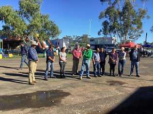 Wallumbilla Show Society president Mark Swan (centre) opens the show alongside Mayor Tyson Golder (left), Cr Geoff McMullen (right) and the show committee. Picture: David Bowden