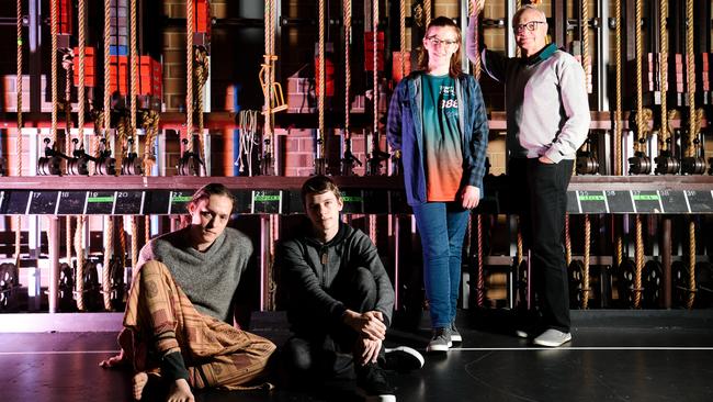 Ashley Dunn, Ryan Henshaw, Zepheryn Rosewood and Harry Dewar from acting group Squadron of Fools have called on the Hopgood Theatre to remain open. Picture: AAP/Morgan Sette