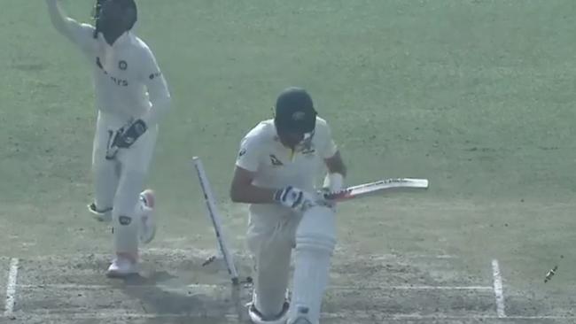 Pat Cummins was clean bowled first ball. Picture: Fox Sports