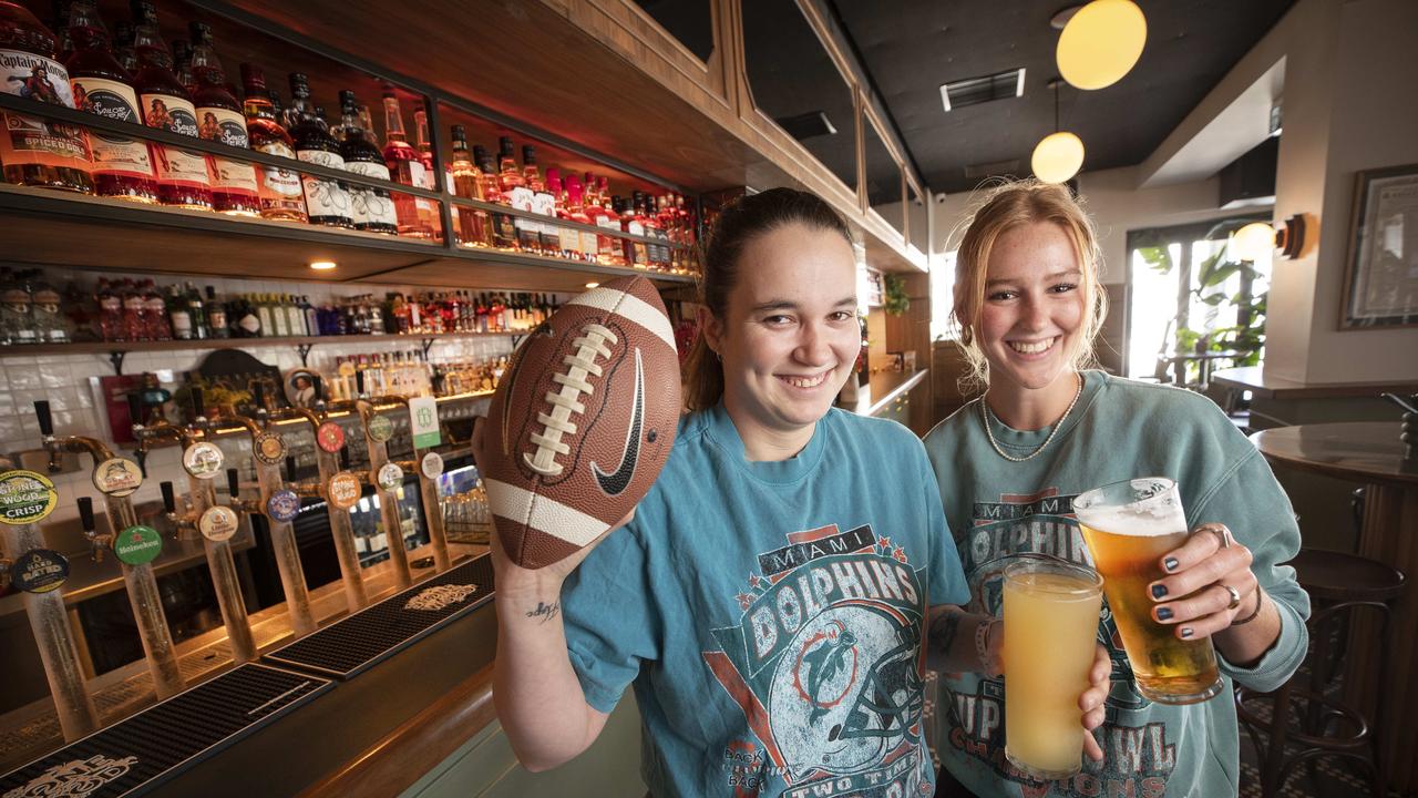 Melanie Marley-Brown and Kirra Wisemantel ahead of the NFL Super Bowl at the Telegraph Hotel. Picture: Chris Kidd