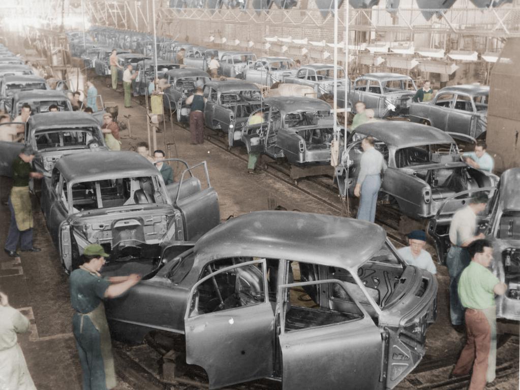 Holden car bodies nearing completion in the Body Shop at General Motors-Holden’s Woodville factory in 1958. Pic: General Motors Holden’s Pty. Ltd. Public Relations Dept, Melbourne