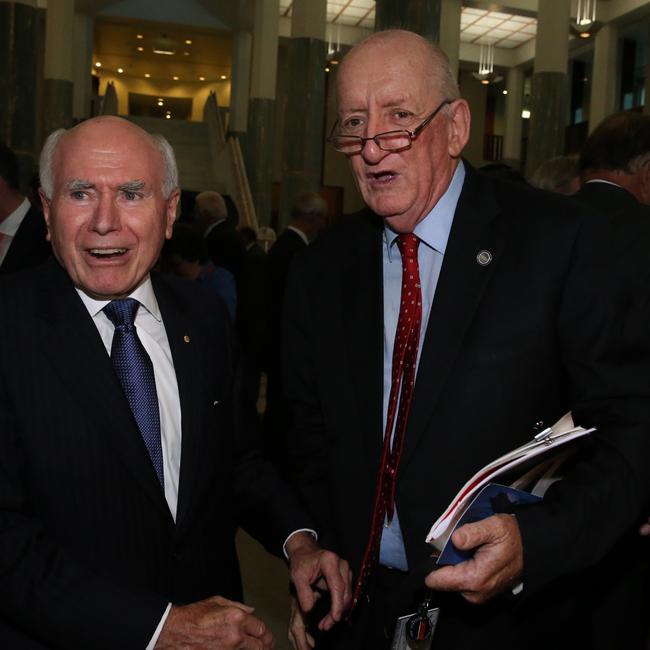 Former Prime Minister John Howard and Tim Fischer attend a gala dinner at Parliament House, Canberra, celebrating the 20th anniversary of the election of the Howard Government. Picture: Ray Strange.