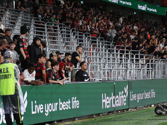 SYDNEY, AUSTRALIA - MARCH 02: An empty Wanderers supporter bay is seen after fans walked out during the first half during the A-League Men round 19 match between Western Sydney Wanderers and Sydney FC at CommBank Stadium, on March 02, 2024, in Sydney, Australia. (Photo by Cameron Spencer/Getty Images)