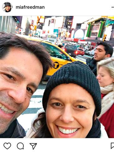 Mia Freedman with her husband Jason on a trip to New York in January. Image: supplied.