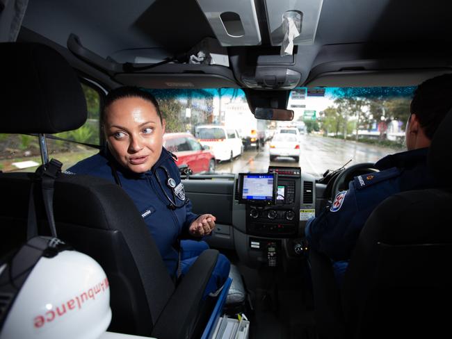 Mr Payne drives to the pair’s next job. The Bankstown Ambulance superstation responds to 170 triple-0 calls a day. Picture: Luke Drew