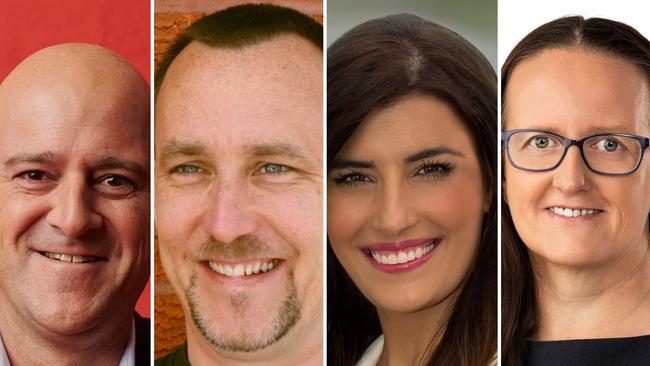 Labor candidate Simon Earle (L-R), Sustainable Australia Party Nick Hughes, Liberal MP Eleni Petinos, independent candidate Gaye Cameron are vying for the seat of Miranda. Pictures: Supplied