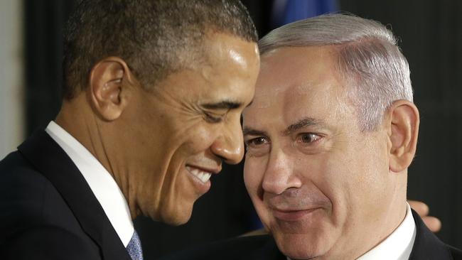 President Barack Obama and Israeli Prime Minister Benjamin Netanyahu huddle during their joint news conference in Jerusalem, Israel,Wednesday, March 20, 2013. (AP Photo/Pablo Martinez Monsivais)