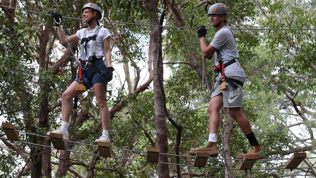 First look at the new TreeTop Challenge at Currumbin Wildlife Sanctuary. Gabrielle Buzetti-Raiti and Ben Rissetto try out the new attraction. Picture: Glenn Hampson.