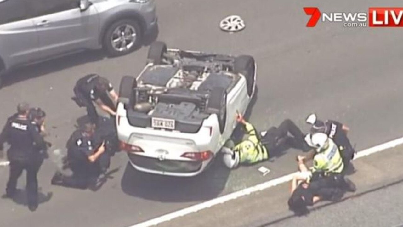 The man allegedly drove a stolen car from Hervey Bay to Maryborough and onto the Maryborough-Cooloola Road and Tin Can Bay Road to Gympie. He was arrested after he crashed a stolen car on the Bruce Highway while fleeing police. Picture: Channel Seven Sunshine Coast