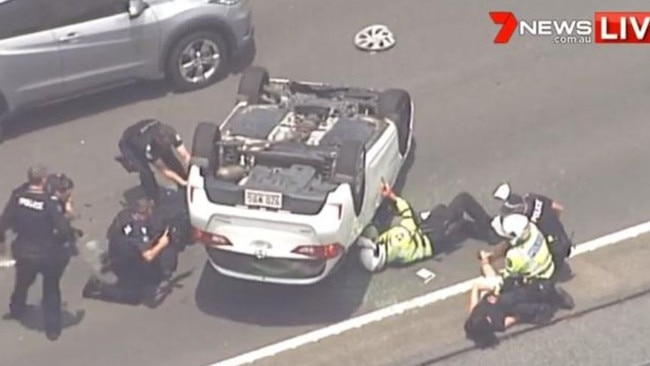 The man allegedly drove a stolen car from Hervey Bay to Maryborough and onto the Maryborough-Cooloola Road and Tin Can Bay Road to Gympie. He was arrested after he crashed a stolen car on the Bruce Highway while fleeing police. Picture: Channel Seven Sunshine Coast