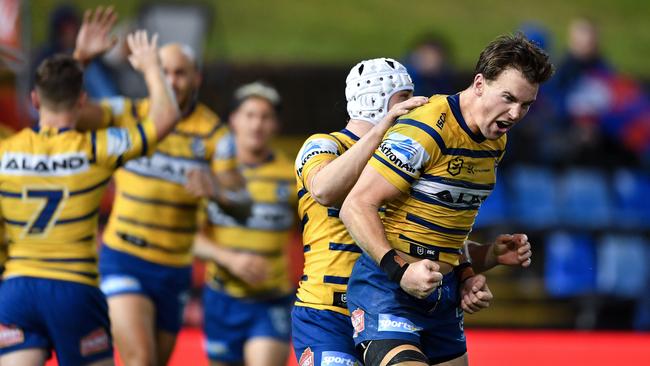 The Eels celebrate a try against Newcastle last week. Picture: Gregg Porteous