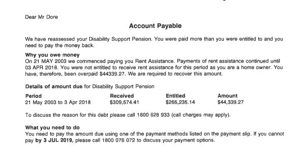 A document from Centrelink stating the money Mr Dore owes due to an error by the department.