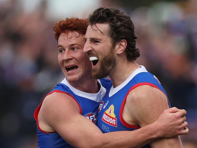 BALLARAT, AUSTRALIA - AUGUST 25: Marcus Bontempelli of the Bulldogs celebrates kicking a goal during the round 24 AFL match between Western Bulldogs and Greater Western Sydney Giants at Mars Stadium, on August 25, 2024, in Ballarat, Australia. (Photo by Daniel Pockett/Getty Images)