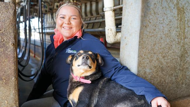 Dairy farmer Brooke Monk, from Kyabram, with her Kelpie Rose. Picture: Rachel Simmonds