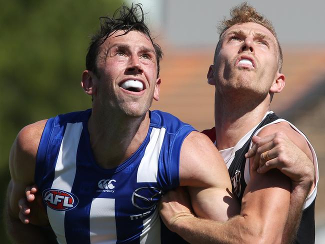 AFL. JLT. Round 1. North Melbourne v St Kilda at Avalon Airport Oval, Werribee.  North Melbourne's Todd Goldstein and St Kildas Callum Wilkie battle at a boundary throw in  . Pic: Michael Klein