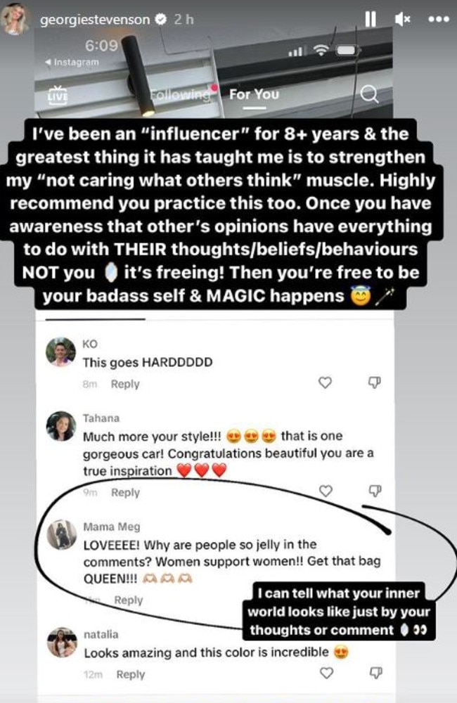 Ms Stevenson hit back at critics on her Instagram Story. Picture: Instagram