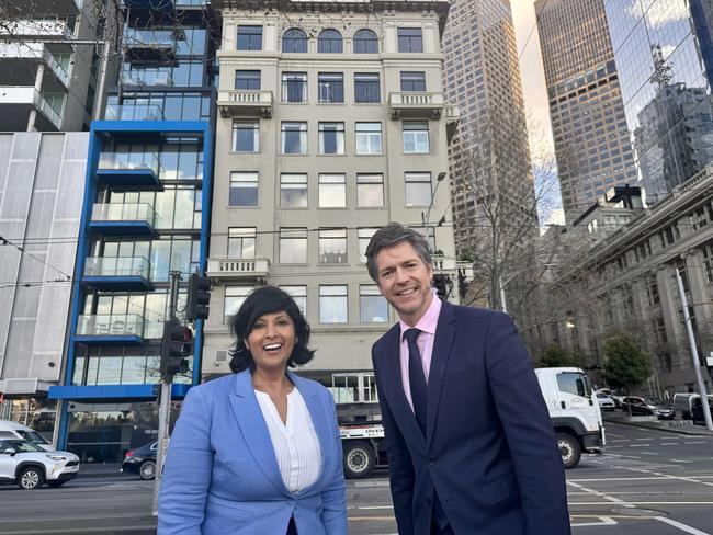 Lord Mayor Nick Reece (right) and City of Melbourne Councillor Roshena Campbell who is running for Deputy Lord Mayor outside 1 Exhibition Street which was converted to apartments in the 1990s. Picture: Supplied