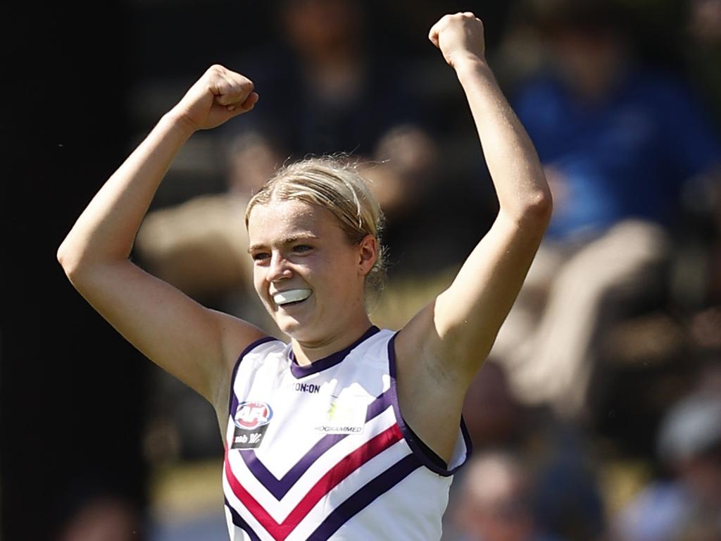 Dana East celebrates a big win for the Dockers. Picture: Getty Images