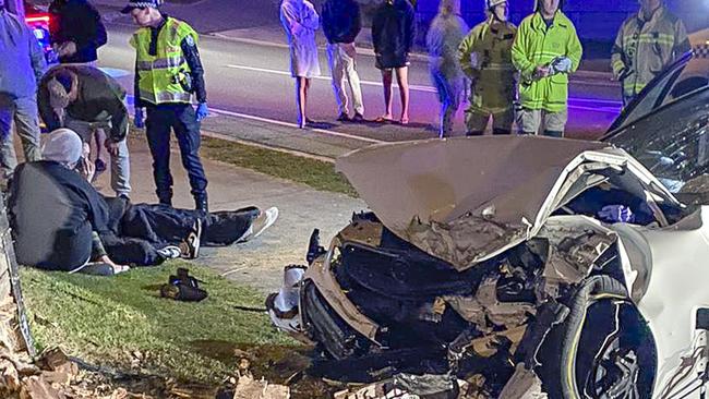 Scene of a serious traffic crash in the early hours of Sunday morning. A holden Commodore travelling west ion William Boulevard at Pimpama when it mounted a roundabout and went flying into a wall. Picture: Supplied