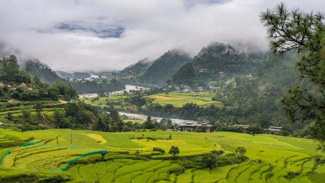 Looking out over the rice paddies from Six Senses Punakha resort in Bhutan.