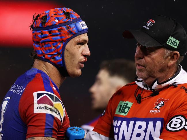 NEWCASTLE, AUSTRALIA - APRIL 07: Kalyn Ponga of the Knights receives attention during the round five NRL match between the Newcastle Knights and the Manly Sea Eagles at McDonald Jones Stadium, on April 07, 2022, in Newcastle, Australia. (Photo by Cameron Spencer/Getty Images)