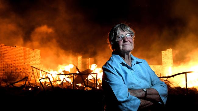 Alverna Ballard, 76, outside the ruins of her destroyed Brukunga property on Friday night. Picture: Tricia Watkinson