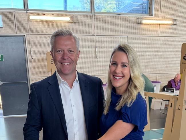 Fadden MP Cameron Caldwell and his wife Lauren voting at Coomera River State School on Federal Election day, May 03, 2025. Picture: Andrew Potts