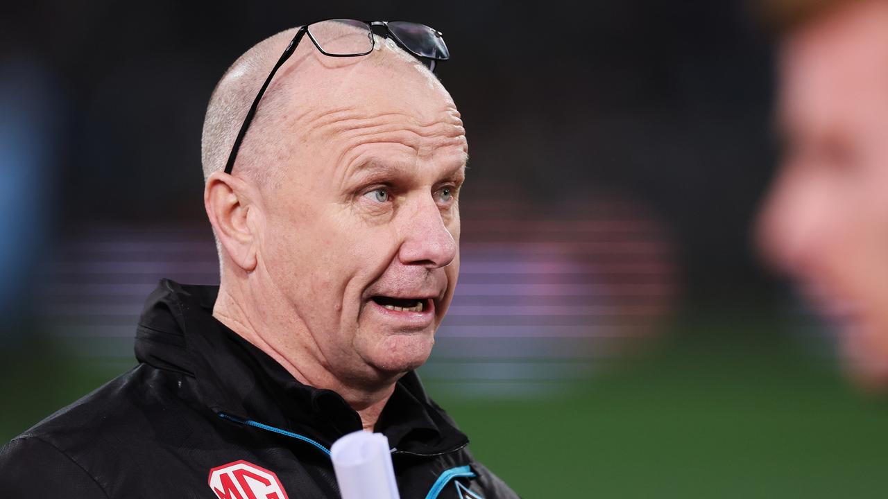 Ken Hinkley led his side to 11 wins in a row on Thursday night. Picture: James Elsby/AFL Photos via Getty Images