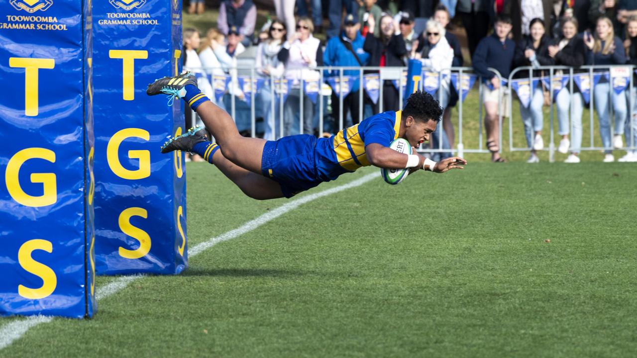 Sauni Unite scores a try for Grammar. O'Callaghan Cup at Toowoomba Grammar School, Grammar vs Downlands. Saturday, July 24, 2021. Picture: Nev Madsen.