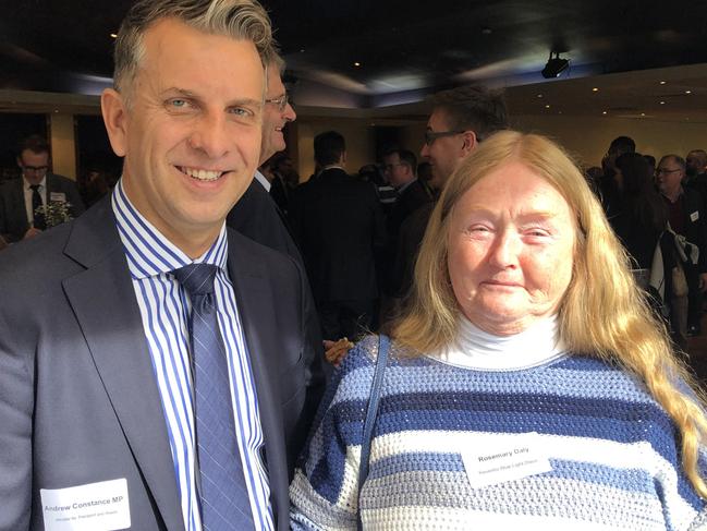 Transport Minister Andrew Constance with resident Rosemary Daley. Picture: Lawrence Machado