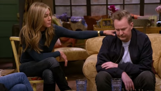 Jennifer Aniston comforts an emotional Matthew Perry during the Friends reunion. Picture: HBO Max/YouTube