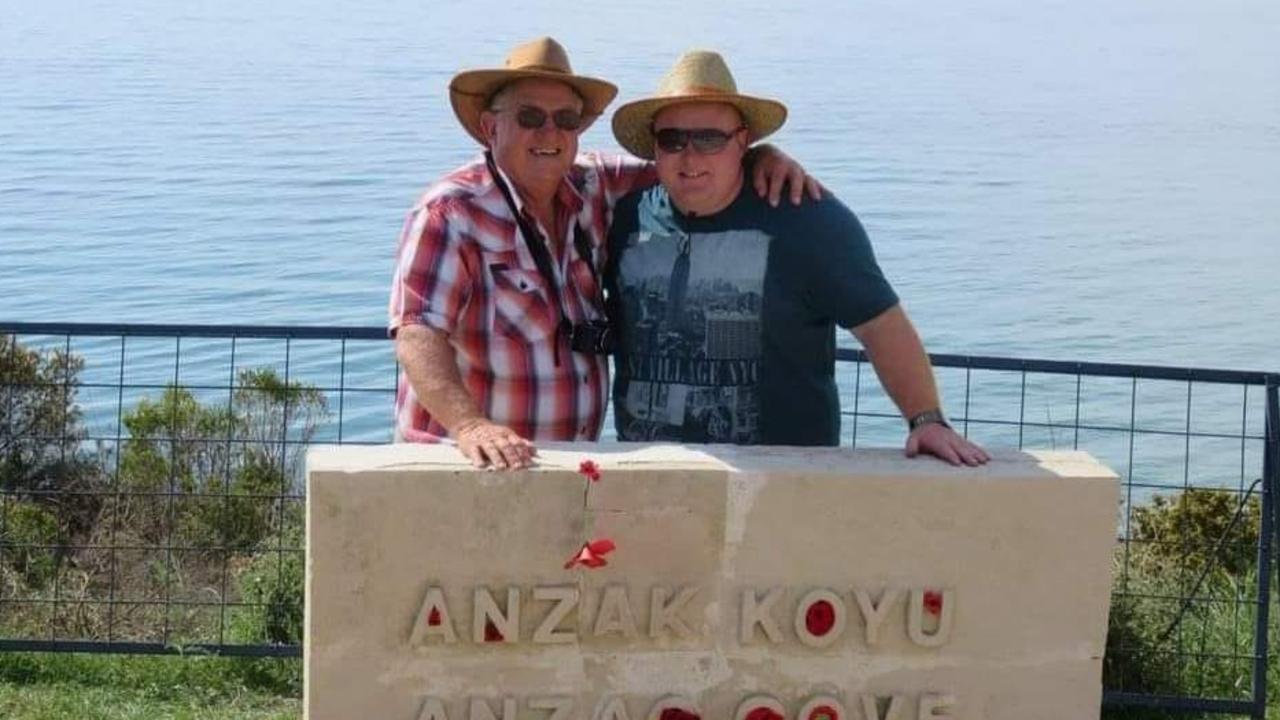 Adam (right) and his father at Gallipoli a year after his 2014 suicide attempt. Picture: Supplied