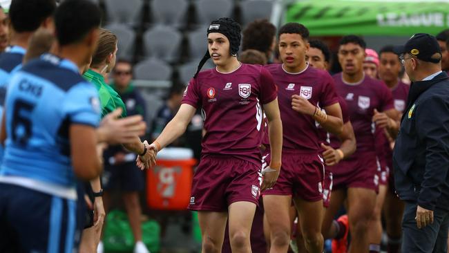 Action from the Australian state schools national rugby league championship match between Queensland Maroon and NSW CHS. Picture: Tertius Pickard