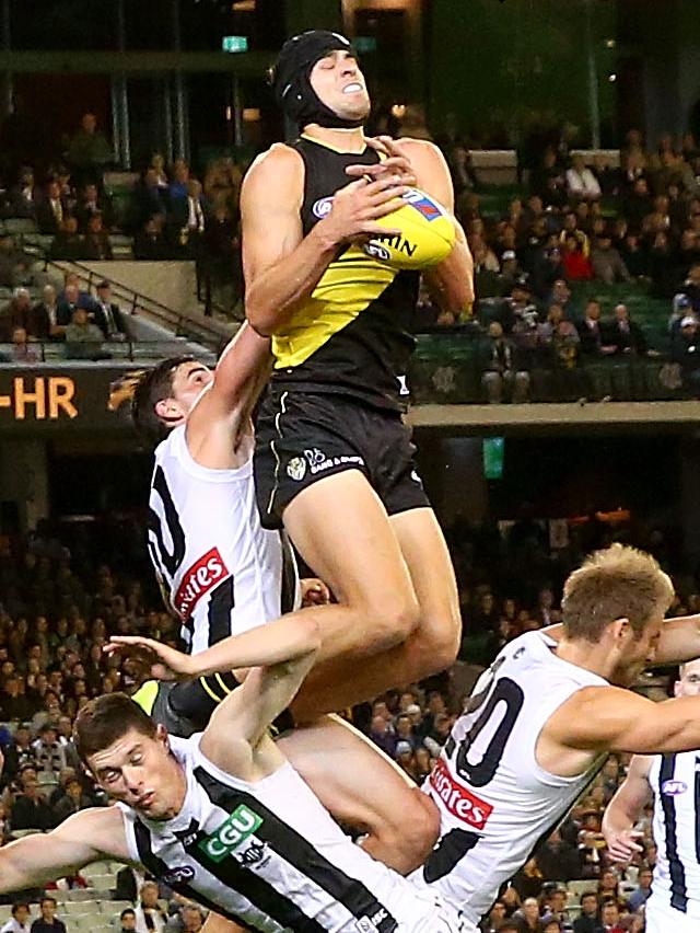 Ben Griffiths flies for a huge mark. Picture: Getty Images