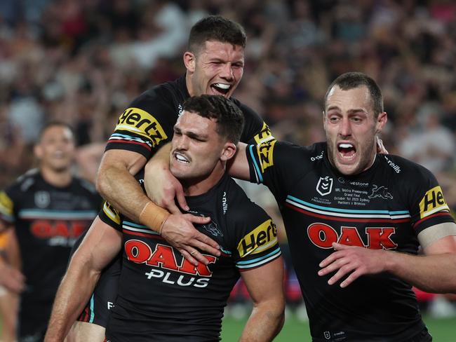 DAILY TELEGRAPH OCTOBER 1, 2023NRL Telstra Premiership Grand Final at Accor Stadium between Penrith Panthers and Brisbane Broncos. Nathan Cleary scores a late try to even the score. Picture: David Swift