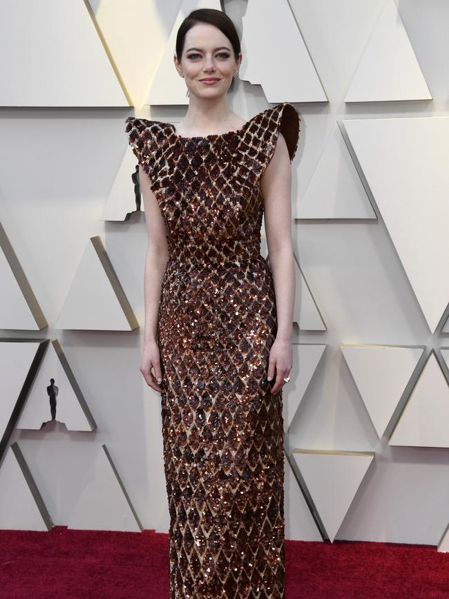 Waffle chic? Louis Vuitton power shoulders on Emma Stone. Picture: Getty Images 