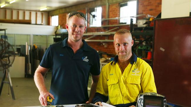 Co owners of Sawcom Industries, which incorporates Sawcom Welding and Engineering and Sawcom Homes Will Barnett and Steve Oates photographed in 2020. Picture: Brendan Radke