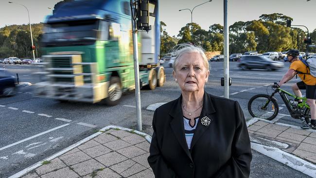 Burnside Mayor Anne Monceaux at the intersection at the bottom of the South-Eastern Freeway in 2019. Photo Roy VanDerVegt.