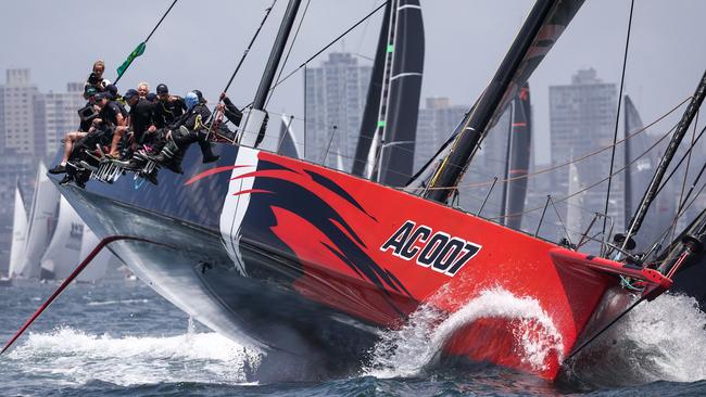 Yacht Andoo Comanche competes during the start of the annual Sydney to Hobart yacht race on Boxing Day at Sydney Harbour on December 26, 2023. (Photo by DAVID GRAY / AFP) -