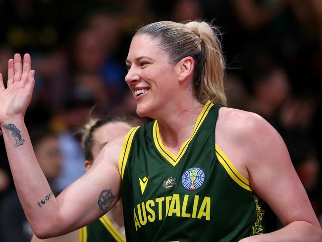 SYDNEY, AUSTRALIA - SEPTEMBER 29: Lauren Jackson of Australia reacts during the 2022 FIBA Women's Basketball World Cup Quarterfinal match between Australia and Belgium at Sydney Superdome, on September 29, 2022, in Sydney, Australia. (Photo by Kelly Defina/Getty Images)