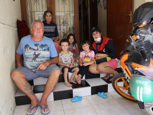 Phillip Burchett with his son Ryan William, 2, daughter Charli Mia, 4, his ex-partner Elisabeth, 39, Elisabeth’s mother and her niece in Jimbaran. Picture: Lukman S. Bintoro