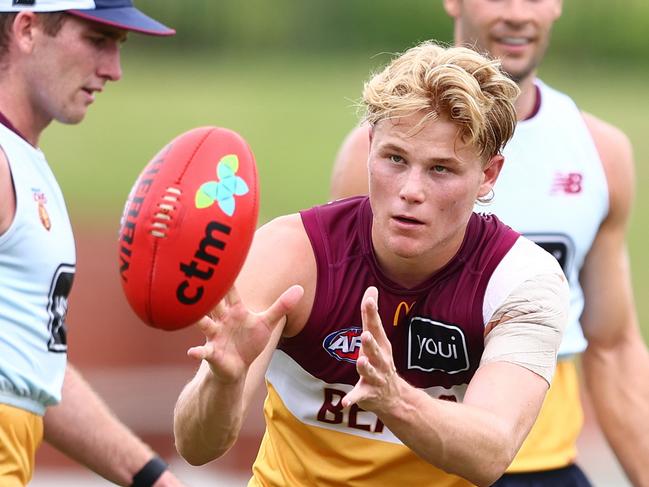 IPSWICH, AUSTRALIA - FEBRUARY 05: Levi Ashcroft during a Brisbane Lions AFL training session at Brighton Homes Arena on February 05, 2025 in Ipswich, Australia. (Photo by Chris Hyde/Getty Images)