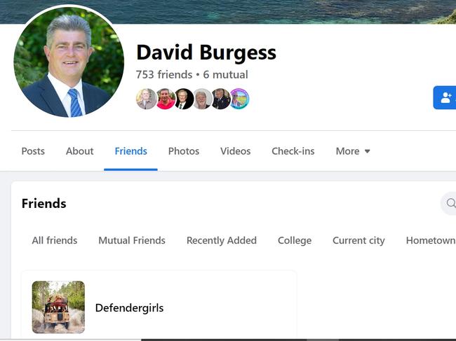 A screenshot of David Burgess' Facebook friends includes a page called Defender Girls, which features pictures of girls draped over vehicles.