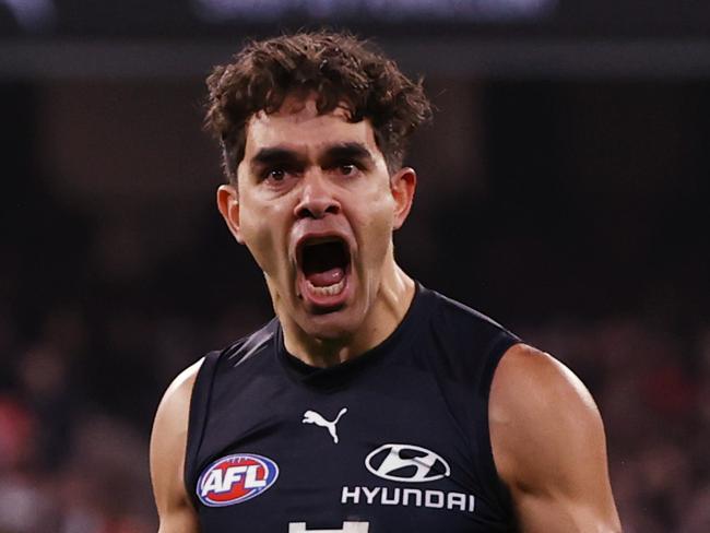 MELBOURNE, AUSTRALIA - Augus 12 , 2023. AFL .      Jack Martin of the Blues celebrates a 2nd quarter goal during the round 22 match between Carlton and  Melbourne at the MCG in Melbourne.   Photo by Michael Klein.