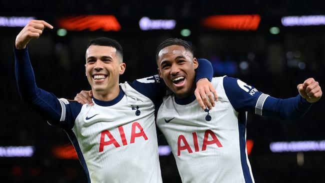 Wilson Odobert of Tottenham Hotspur celebrates scoring his team's third goal with teammate Pedro Porro during the UEFA Europa League win over AZ Alkmaar. (Photo by Justin Setterfield/Getty Images)